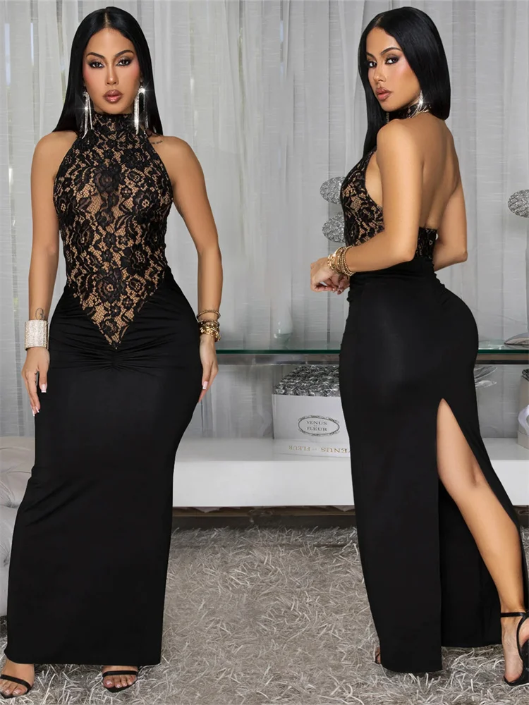 Strano Puss Sexy Halter Split Maxi vestido mujeres Jacquard Patchwork espalda descubierta cremallera elegante flaco melocotón cadera estiramiento noche ceñido