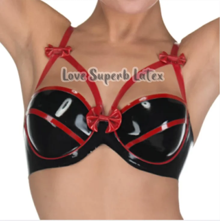 

MCWJ Латексный бюстгальтер с отделкой, пуговицы сзади, банты, украшение, резиновое нижнее белье, бюстгальтеры на Хэллоуин