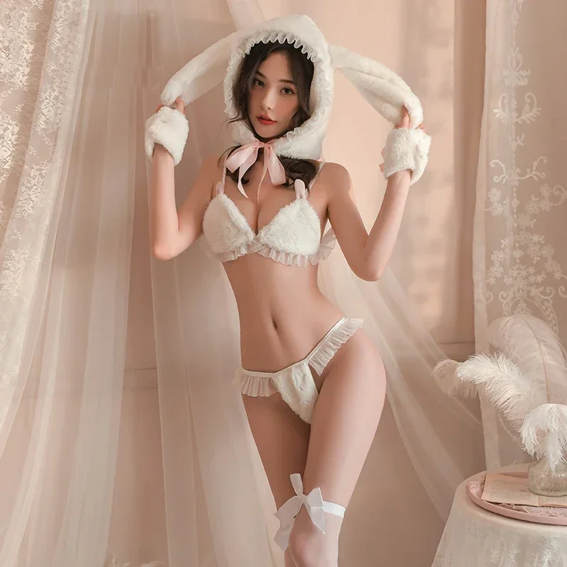 

White Plush Bunny Girl Cosplay Sweater Underwear Women Sexy Lingerie Rabbit Ear Bra and Panties Suit Exotic Outfits Costumes