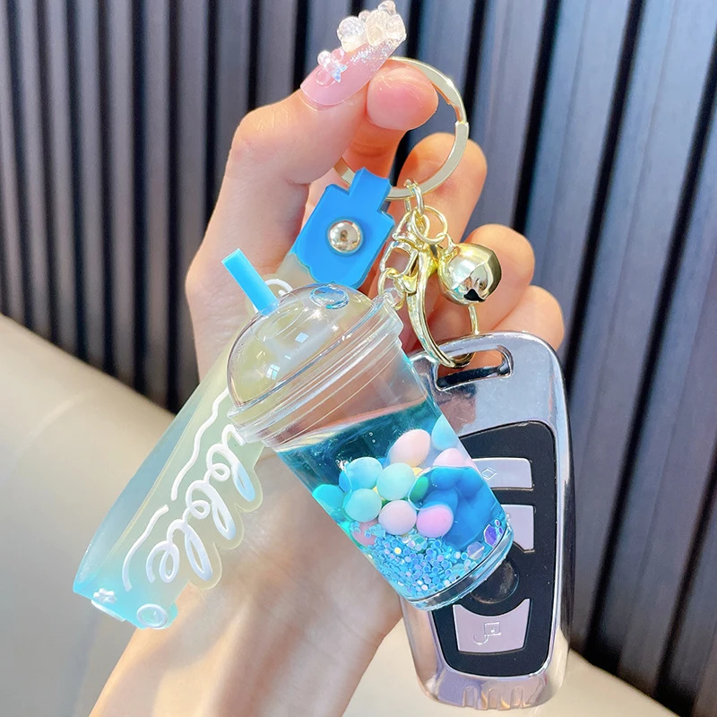 Cute Liquid Pearl Milk Tea Cup Key Chain Creative Quicksand Floating Jelly Bean Keyring Backpack Pendant Keychain Gift For Women