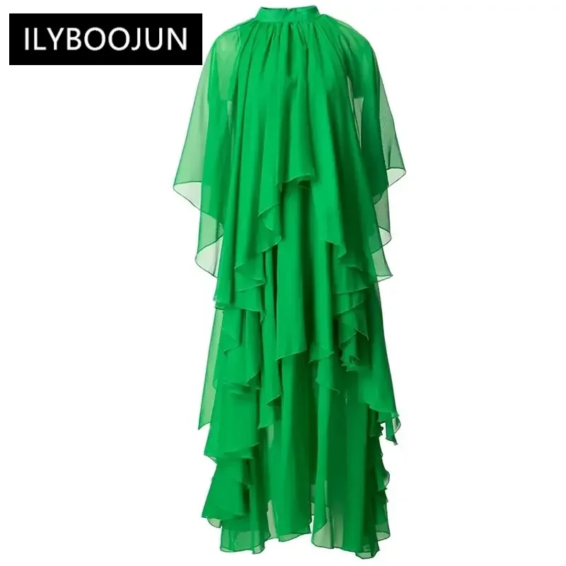 

Spring Summer Women Dress Stand Collar Batwing Sleeve Ruffle Green Party Dresses For Women 2023 Runway Luxury Brand Elegant