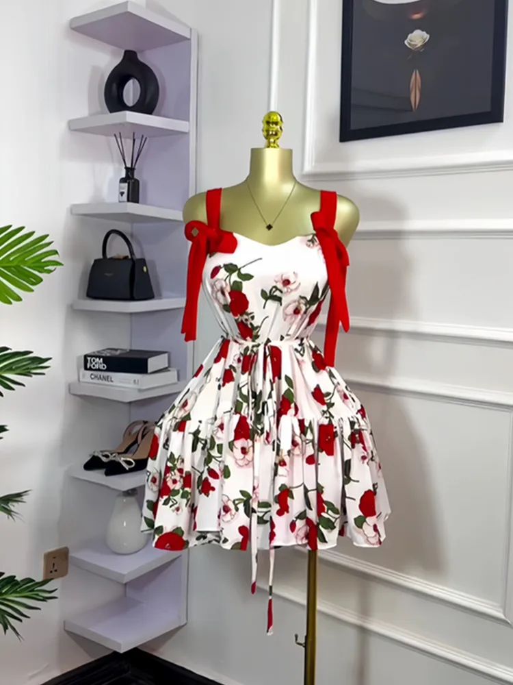 

BKLD Women Clothing 2025 Spring New Sleeveless Dress Party Clubwear Fashion Printed Bow Strap Lace-Up Pleated Short Dresses