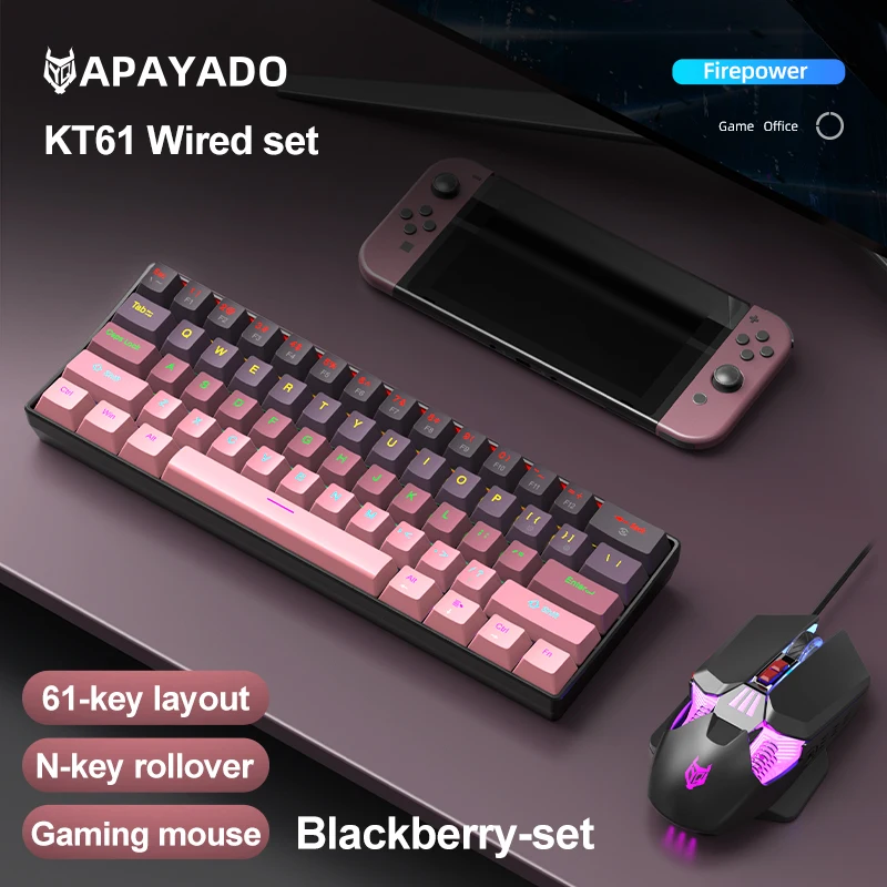 APAYADO KT61 Combo de teclado e mouse mecânicos, 61 teclas, interruptor vermelho RGB com fio, teclas PBT, conjunto para jogos de 7200 DPI