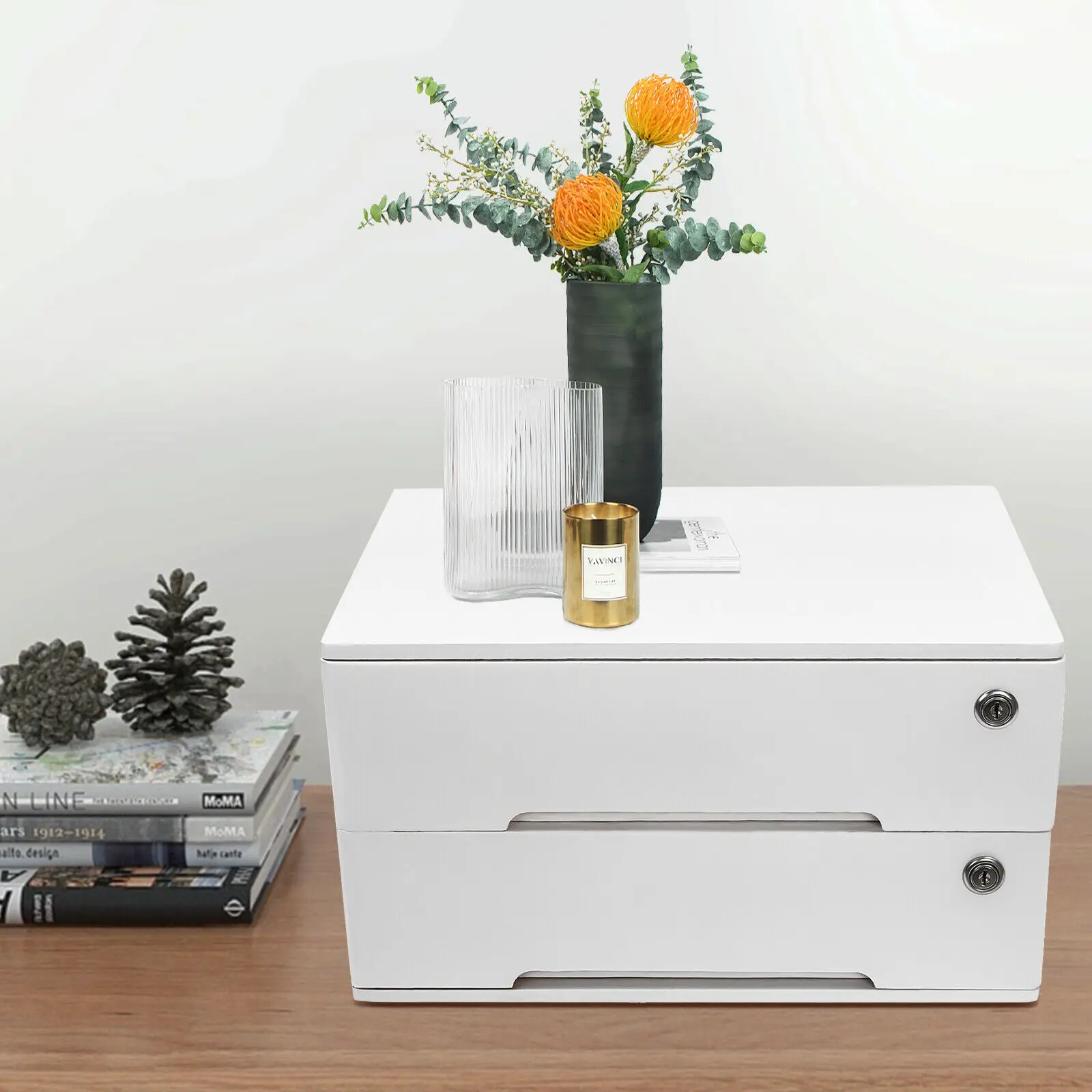 

2-Drawer Wooden Desktop Storage Box Rectangular Desk Organizer Office Supplies File Organizer With 4* Keys For Office Study