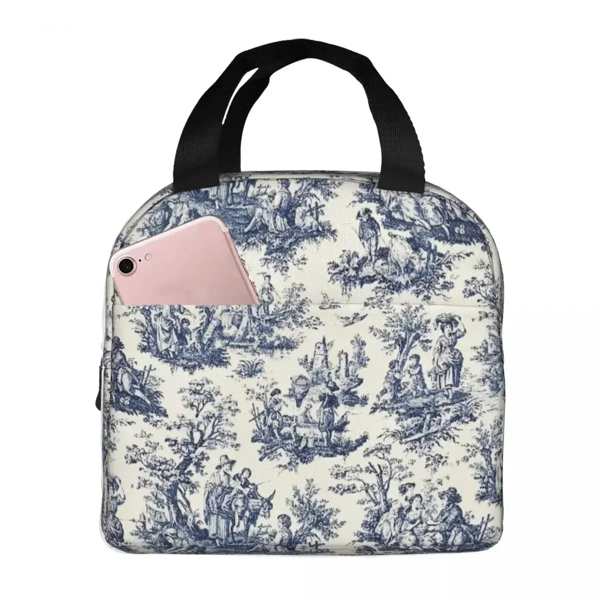 NOMADES Artsy Navy White Insulated Lunch Bags Thermal Bag Reusable Toile De Jouy Portable Tote Lunch Box Girl Boy School Picnic