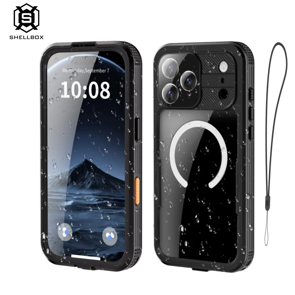 

Shellbox Waterproof phone case for iPhone 17 PRO MAX and 16 PRO, featuring a minimalist design, shockproof, and full coverage