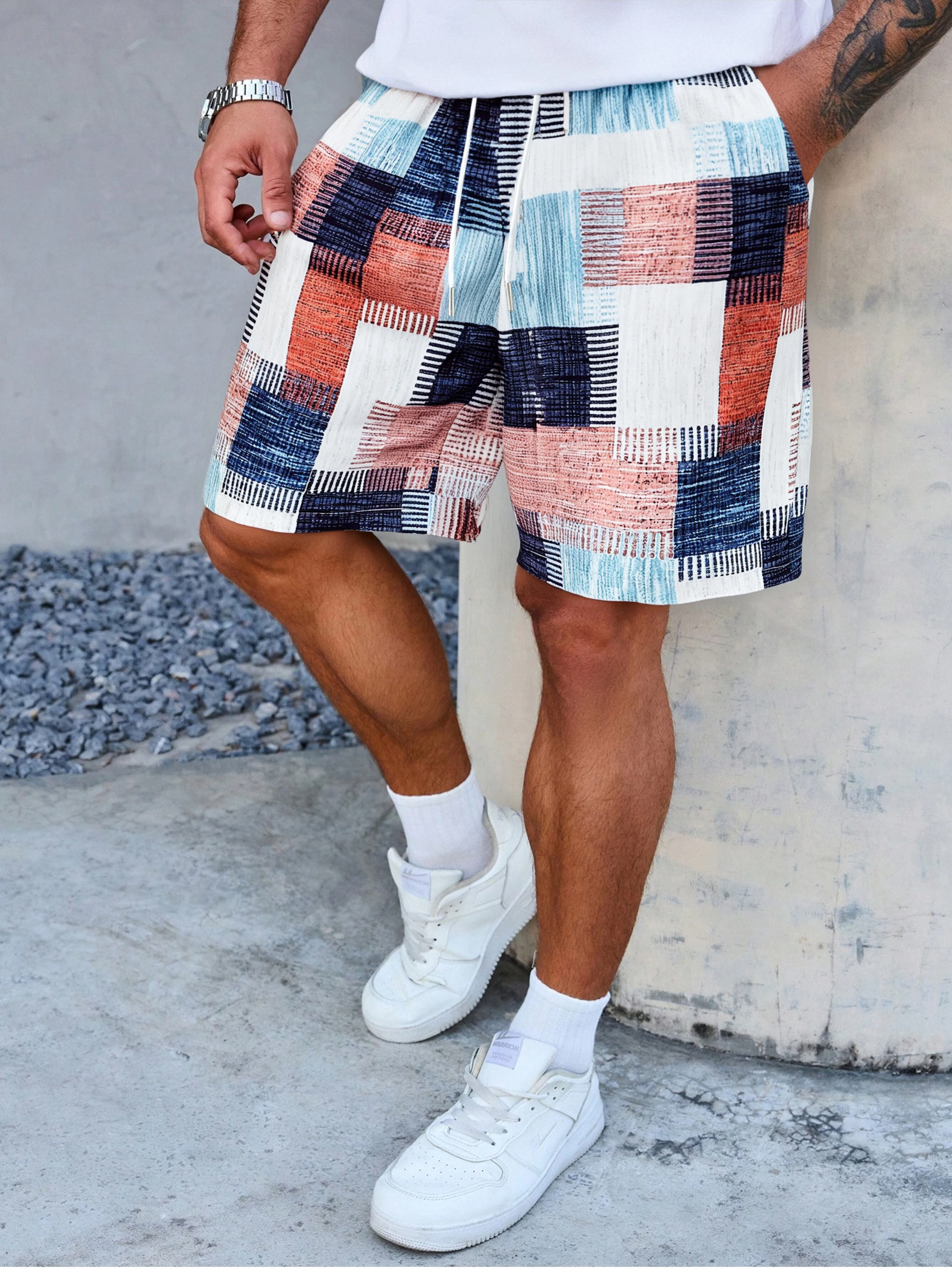 

Мужские повседневные шорты в клетку с цветовыми блоками, эластичным поясом на шнурке, свободного кроя, для ежедневной носки