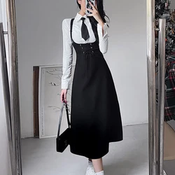 Spring Autumn New Dress Sets POLO Collar Solid Color Fashion Long Sleeve Button Shirt and Black Backless Lacing High Waist Dress