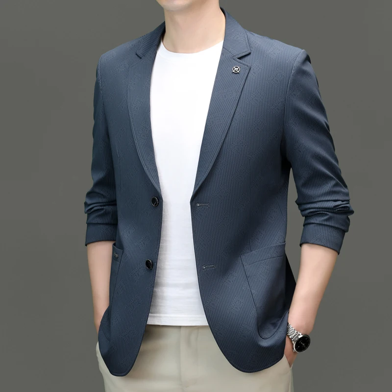 

Men Casual Blazers Khaki Blue Gray Navy Letter Pinstripe Print Suit Jackets Spring Autumn Attire Trend Office Leisure Outfits