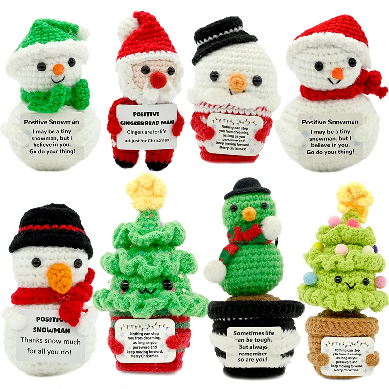 Festival Series Positive Energy Crochet Christmas Snowman & Tree Handmade Knitted Doll with Encouragement Card Mini Desk Decor G