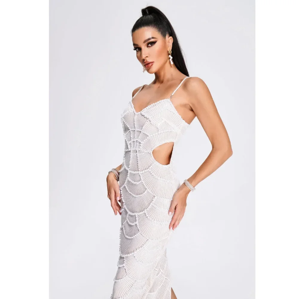 المرأة الفاخرة مثير الخامس الرقبة اللؤلؤ الأبيض الديكور قطع ماكسي طويل Bodycon فساتين عيد ميلاد أنيقة مساء فستان الحفلات والنوادي