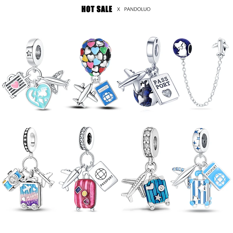 パンドラブレスレット,ネックレスペンダント,ジュエリーギフト,飛行機,スーツケース,パスポート,特別オファーと互換性のある女性用スリーピースチャームビーズセット