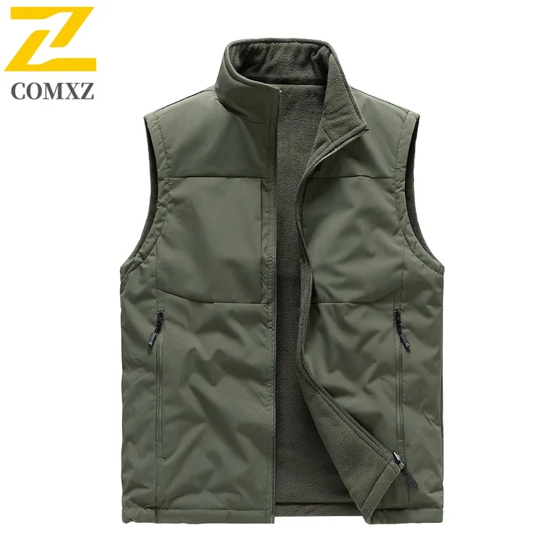 

COMXZ 2025 двусторонний флисовый осенне-зимний рабочая одежда для рыбалки на открытом воздухе, спортивный жилет без рукавов, теплое пальто с несколькими карманами