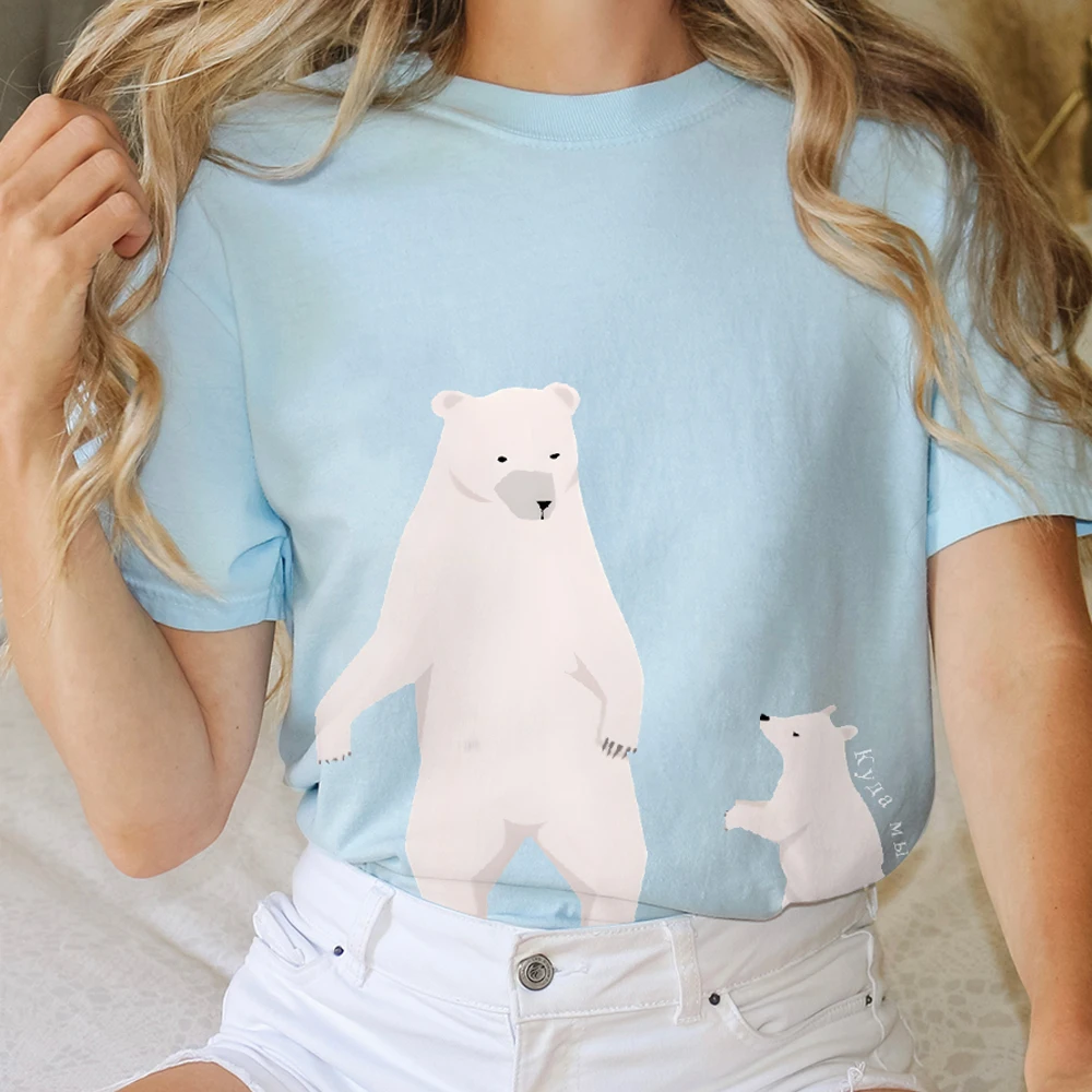 

Y2K Cotton Casual Women‘s T-Shirt Short Sleeve Round Neck Fitted Colorful Cute Cartoon White Polar Bears Whre Do We Go