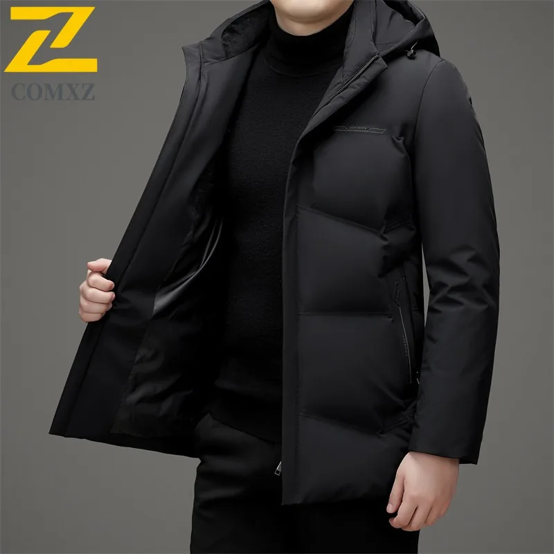 COMXZ Premium Mens Down Jacket 2025 Classic Hooded Outdoor Office Anti-Cold Parka Solid Color Travel Lightweight Winter Coat