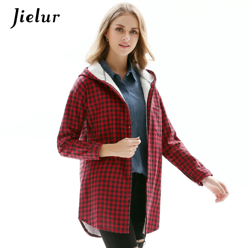 Winter Europe Fleece Women\'s Shirt Fashion Hooded Red Plaid Shirts M-3XL Size Casual Long-sleeved Tops Warm Blusas