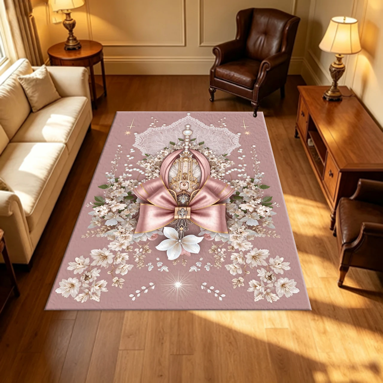 Vintage Pink Bow Lace Pearl Floral Ornate Carpet Flooring Romantic Baroque Style Household Indoor Decor Area Rug
