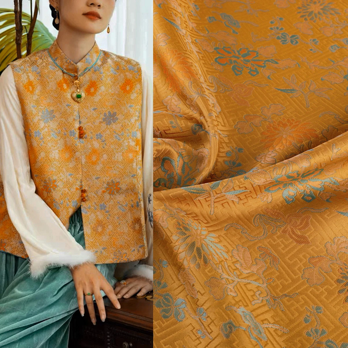 

"FS048 Twined Lotus Pattern" Китайская парчовая ткань New Song, женский топ, платье Cheongsam, жаккардовая атласная ткань