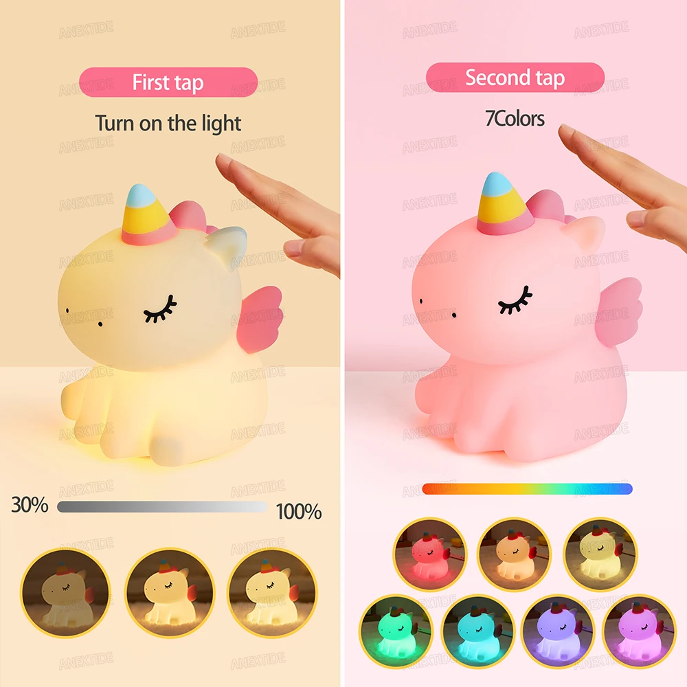 Bonita luz nocturna de unicornio para niños, luz nocturna de silicona para guardería, lámpara LED regulable de unicornio blando, lámpara de noche recargable
