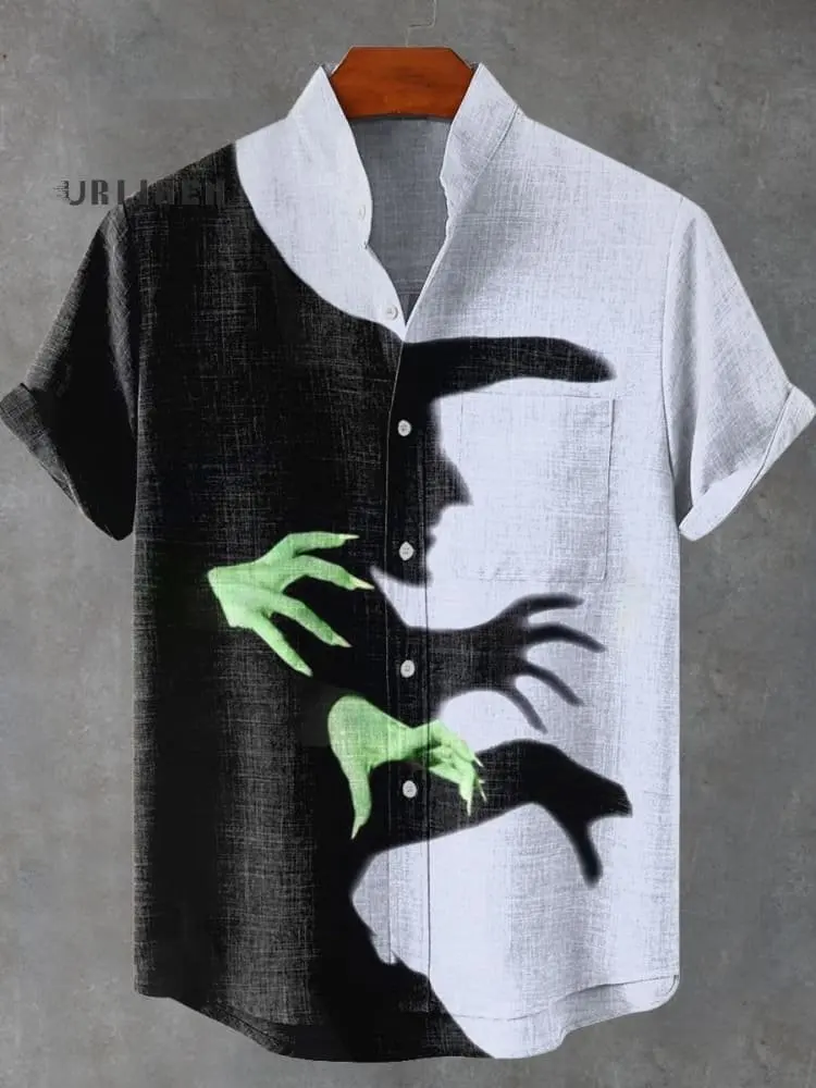 Fashionable 3D printed Halloween funny pattern men's casual loose linen pocket short stand up collar large shirt