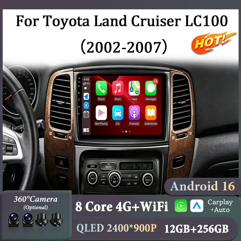 For Toyota Land Cruiser LC100 2002-2007 9 Inch Android 16 Car Radio Multimedia Player WiFi Bluetooth GPS Navi Carplay Head Unit