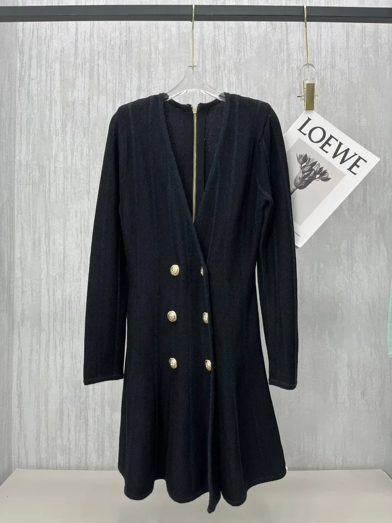High Quality Woman Mint Green Black Long Sleeve Buttons V-neck Mini Knitted Slim Dresses