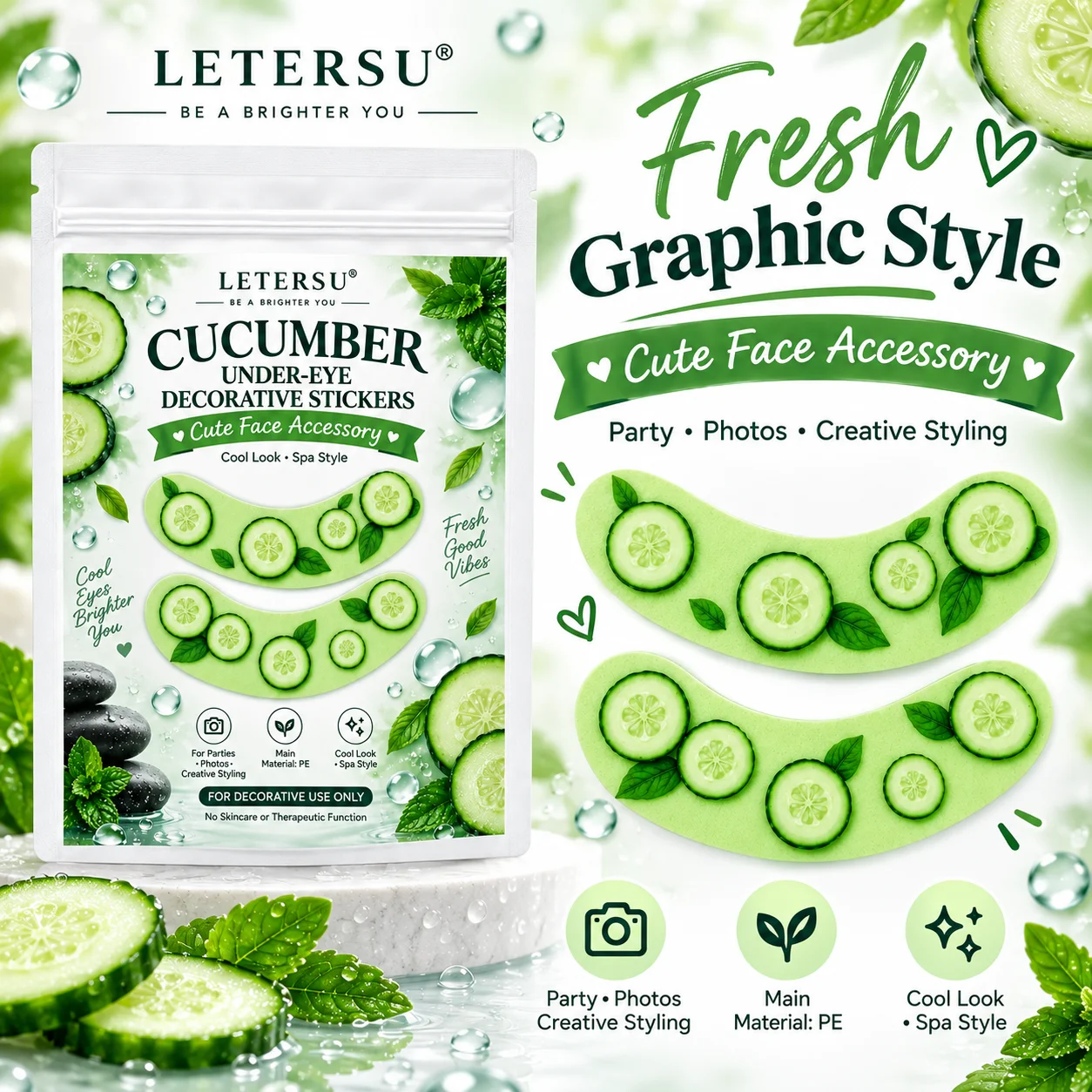 4PCS Cucumber Under Eye Stickers, Cute Green Eye Patches, Spa Style Face Makeup Decorations for Women, Party Photos
