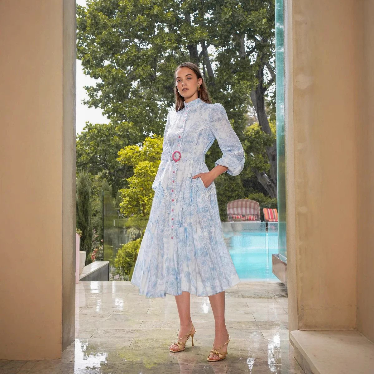 Retro Australian Print Stand Collar Single Button Color Blo Waist Cinched Midi Dr for Par Polyester Fiber Long Sve