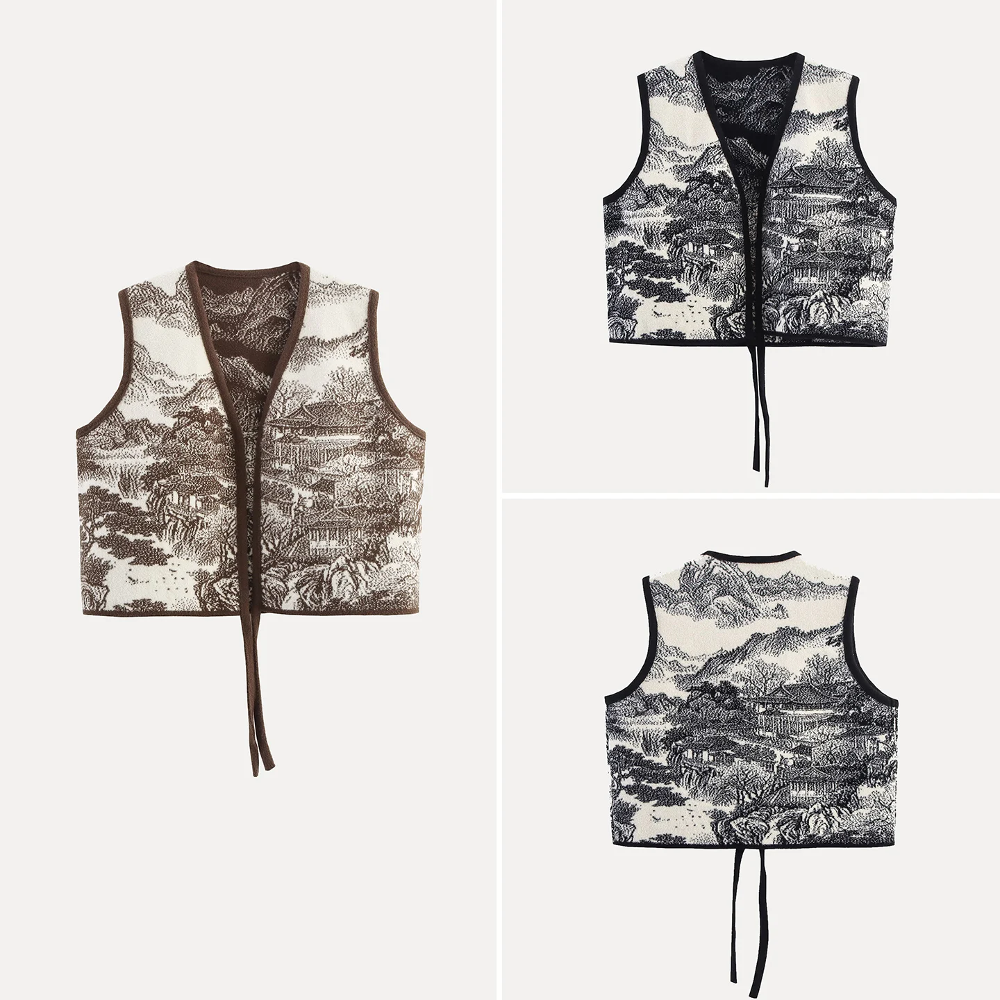 

Осень 2022, новый женский вязаный двусторонний нейлоновый жилет с узором «ветер и водные чернила» и V-образным вырезом, оригинальный дизайн, Китай...