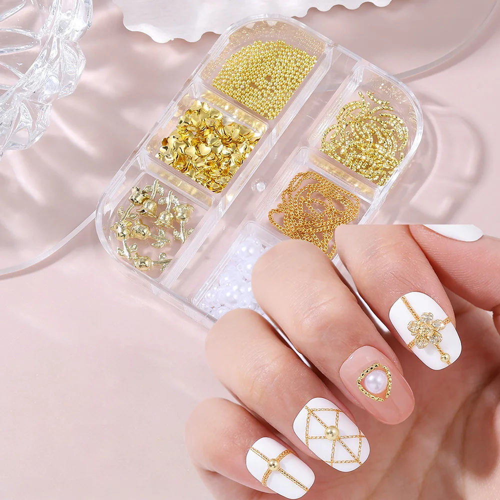 6 قطع من زينة الأظافر المعدنية على شكل قلب وردة، سلاسل ذهبية، أحجار الراين المعدنية للأظافر، خرز الكافيار الصغير، لآلئ لتزيين الأظافر