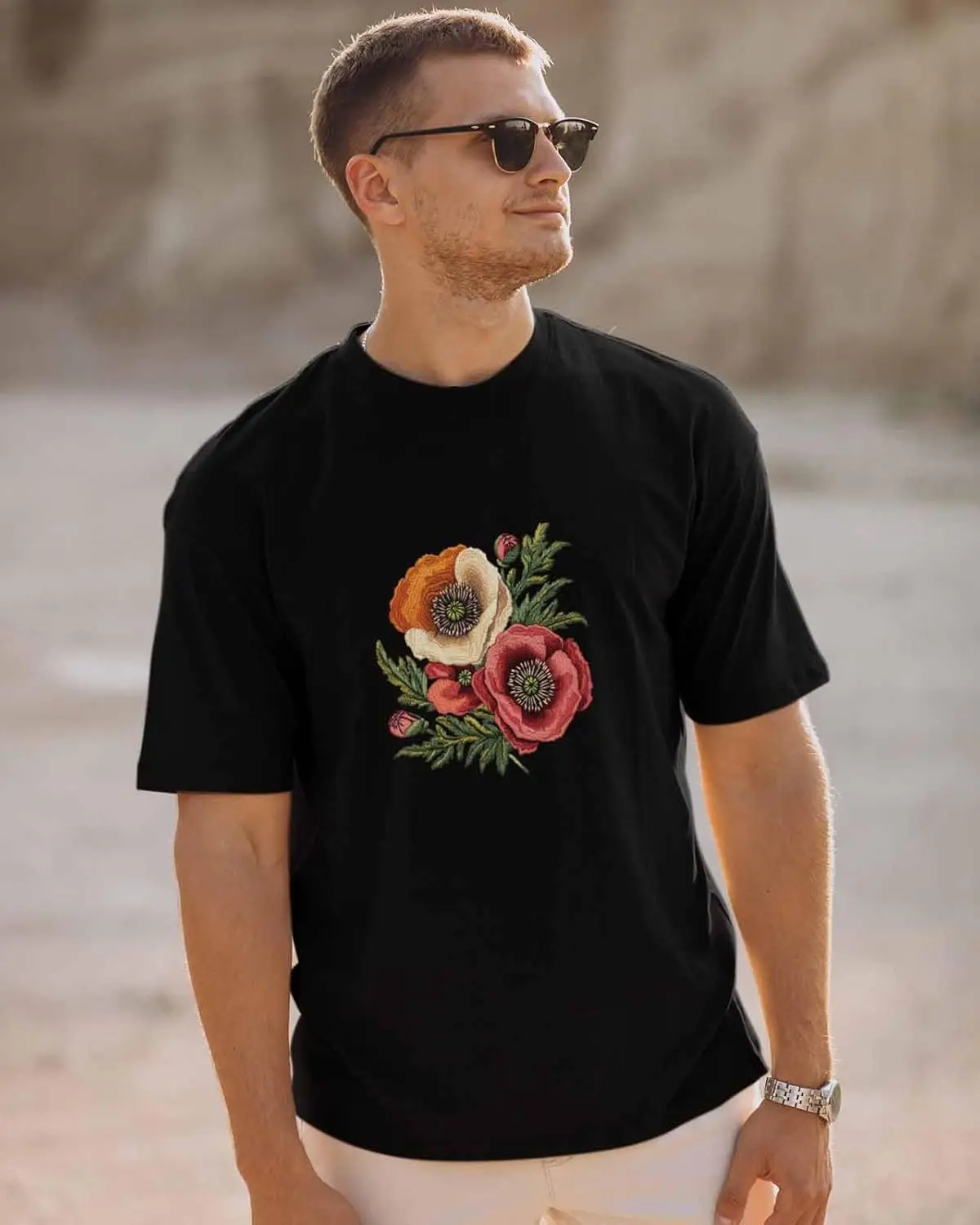 Men's T-Shirt, Novelty Graphic T-Shirt Colorful Poppy Embroidered Flowers Cotton Crew Neck Men's Short