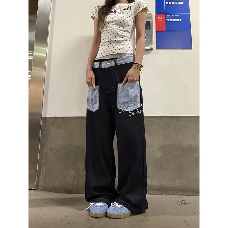 YIBASHU Women's Black Baggy Y2k Plaid Jeans Japanese 2000s Style Jeans Pants American Vintage Harajuku Oversize Denim Trousers