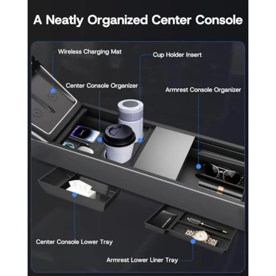 Center Console Organizer Tra for 2026 2025 Premium Performance,8PCS - PC Material and Silent Silicone Armrest Storage Box Botto