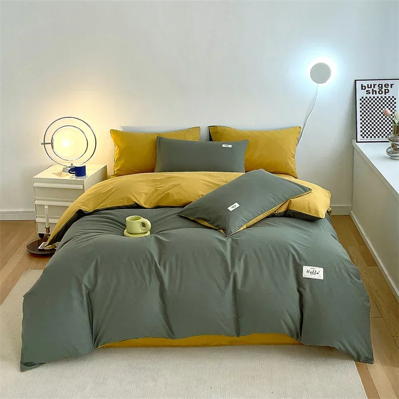 150/180/200CM Yellow Green Water Wash Cotton Bed Sheet Duvet Cover Pillowcase Four-piece Spring Autumn Bedding Set M064-2