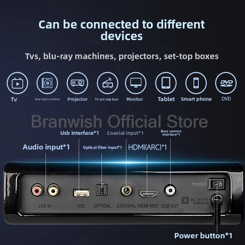 5.1 نظام الصوت للمسرح المنزلي HiFi 100 واط 8 بوصة قوة الصوت بار مضخم الصوت مكبرات الصوت التلفزيون الكمبيوتر المنزل مجموعة HDMI الألياف محوري صدى الجدار