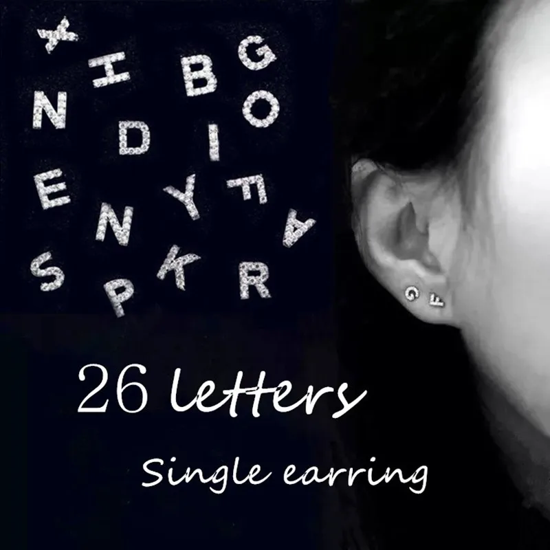 1 Single Micro-inlay CZ Initial Letter Alphabet Stud Earring for Women Girl