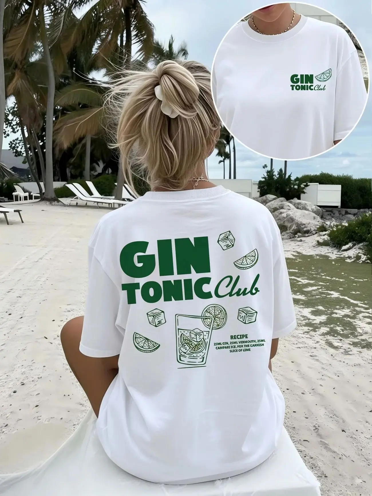 Summer Harajuku Streetwear Beach T-Shirt Gin Tonic Club Graphic Print Tee Casual Short Sleeve Crew Neck Top Holiday Vacation Tee