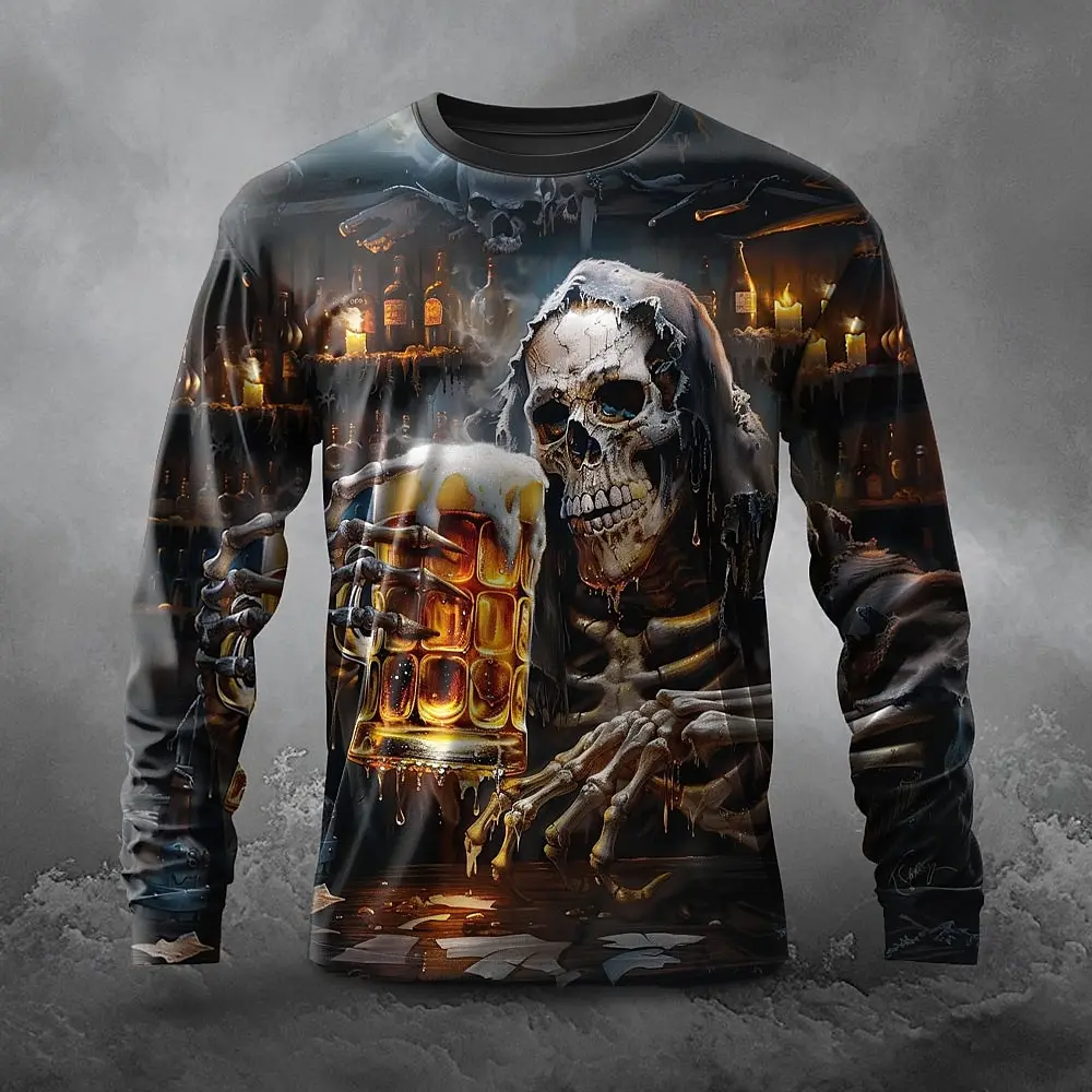

Funny 3D Beer Skull Print Men's T Shirt Hip Hop Trend Harajuku Streetwear Casual O-neck Long Sleeve T-shirt Fashion y2k Clothes