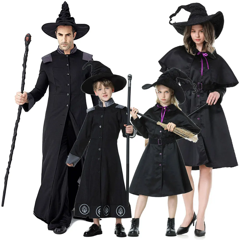 

Halloween Gothic Witch Costume For Women Girls Darkness Magician Wizard Cosplay Robe Adult Kids Masquerade Parent-child Dress UP