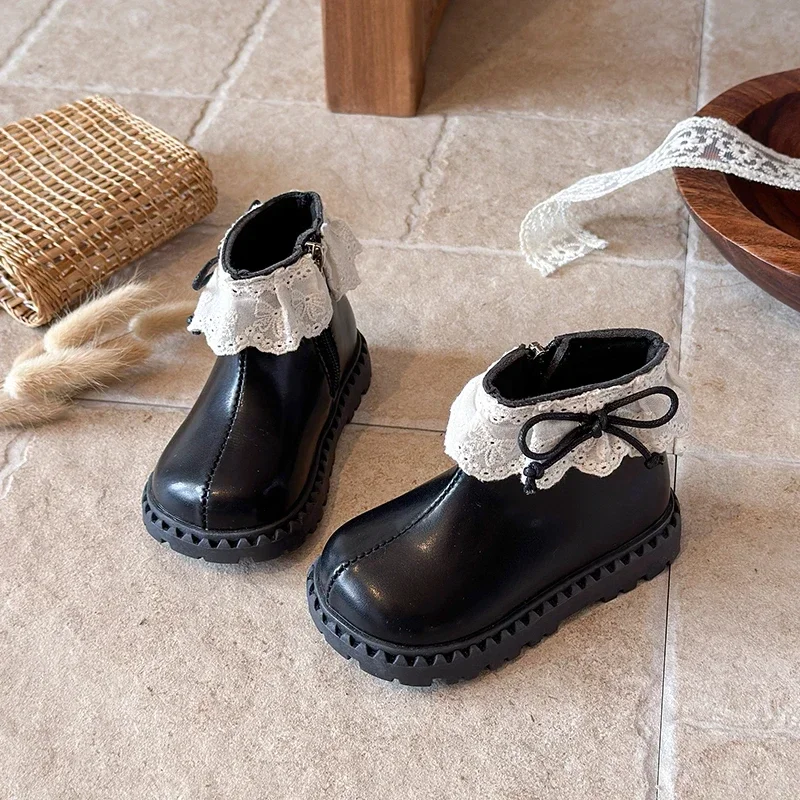 Girls Lace Ruffle Bow Ankle Boots, Glossy PU Inner Zipper Thick Serrated Sole Non-Slip Princess Short Boots for Little Kids