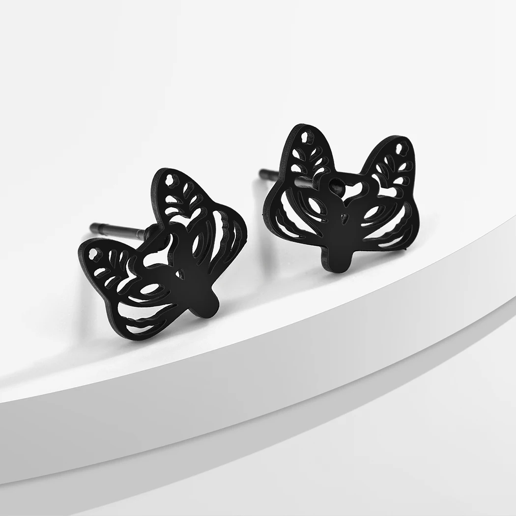 Kinitial Laser Engraved Fashion Stainless Steel Earrings Fox Face With Floral Filigree Cut Out Shaped Anniversary Gift