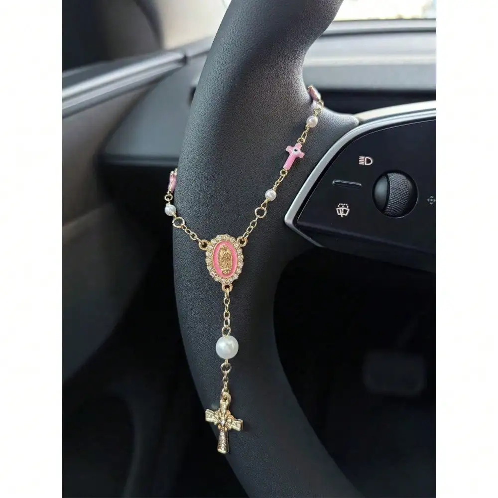 

1pc Pink Pearl Cross Steering Wheel Rosary Ornament, Rosary Car Pendant Accessory, Unique Fashion Car Decor Accessory