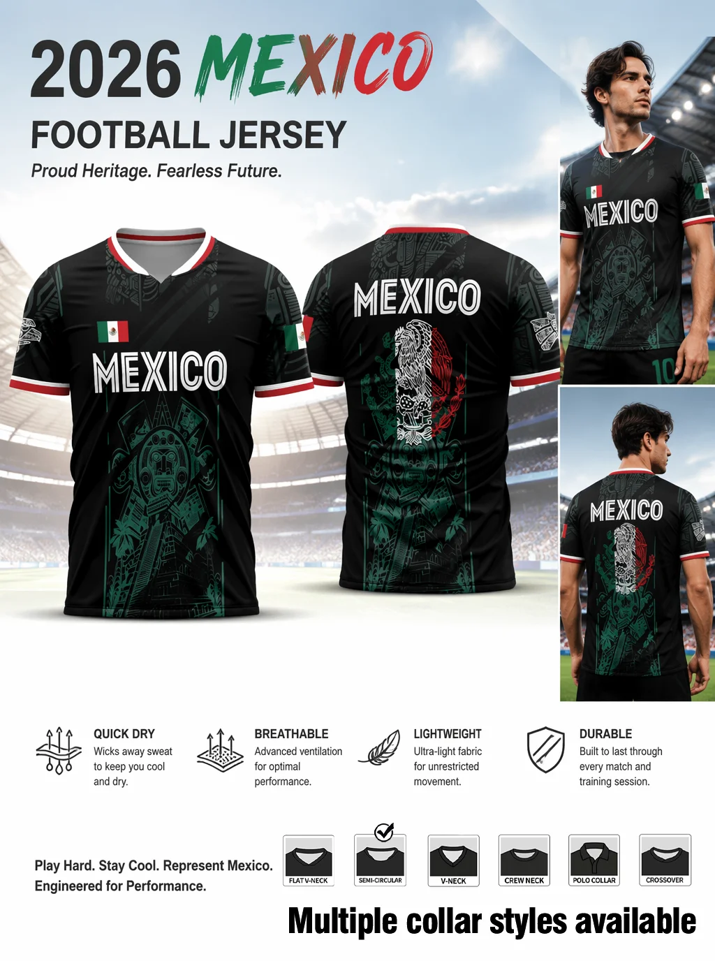 Short‑sleeve jersey with red trim and ancient‑culture line prints, tough‑wearing fabric with six alternative collar styles