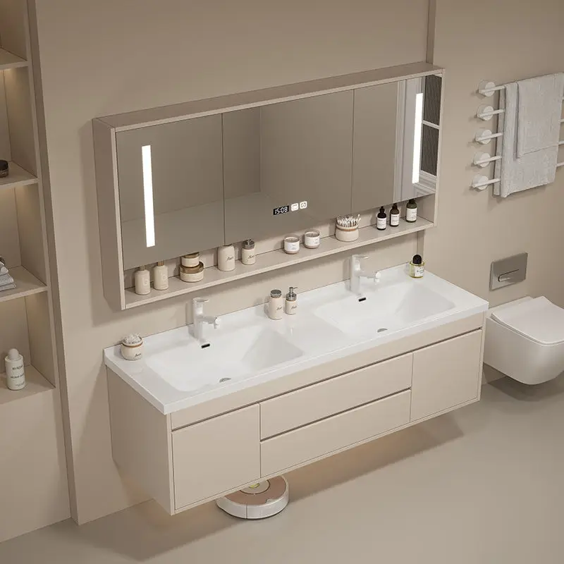 Ceramic integrated basin, double basin, bathroom cabinet combination, solid wood smart wash face, hand pool table