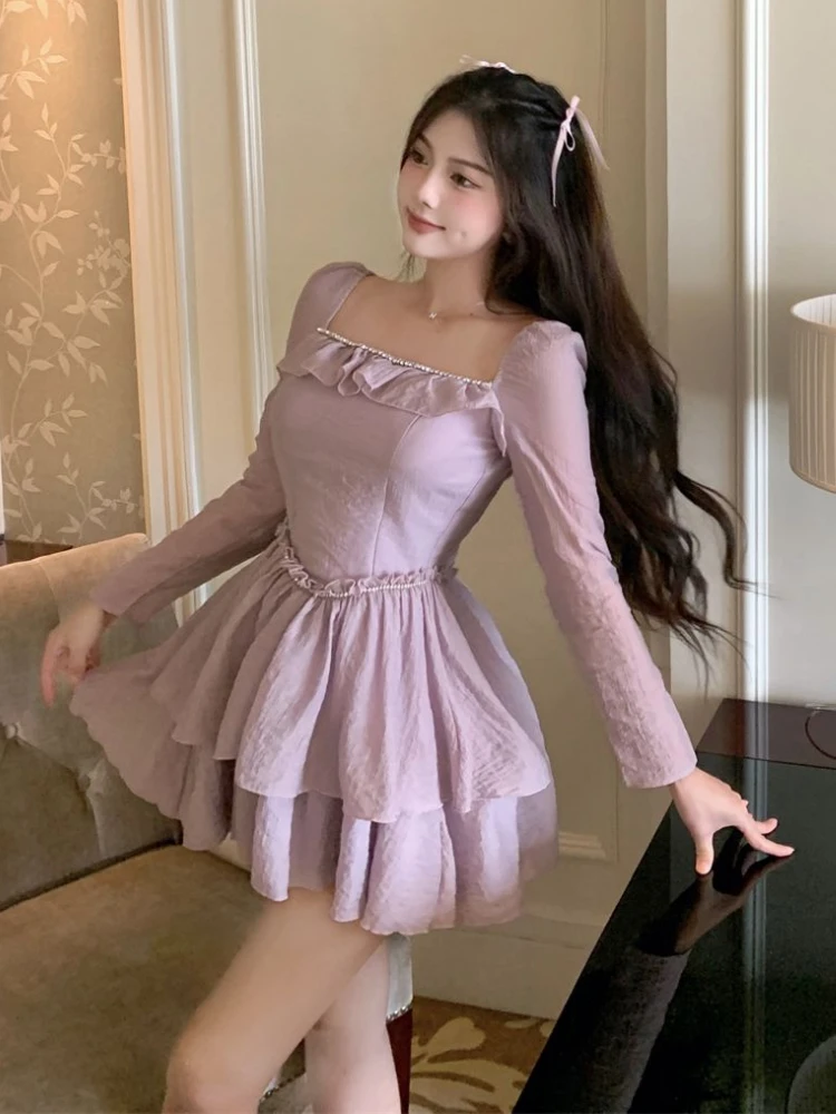 Mini abito da donna con volant design a vita alta dolce ragazza tenera abito da ballo morbido moda coreana manica lunga versatile nuovo abbigliamento da festa