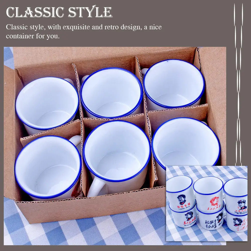 6Pcs Household Enamel Mug Classic Retro Design Non-Skid Comfortable Handle Long-Lasting Rustproof Heat-Insulated Vintage Water
