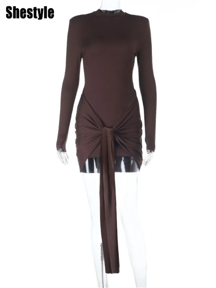 Shestyle sobreposição marrom bainha mini vestidos femininos tripulação pescoço design da marca assimétrico figura lisonjeiro data outfits deslumbrante