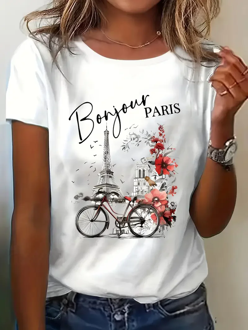 

Fashion Bonjour Paris Text Print Футболка с короткими рукавами и принтом Повседневная одежда Женская футболка Одежда с графическим принтом Футболка