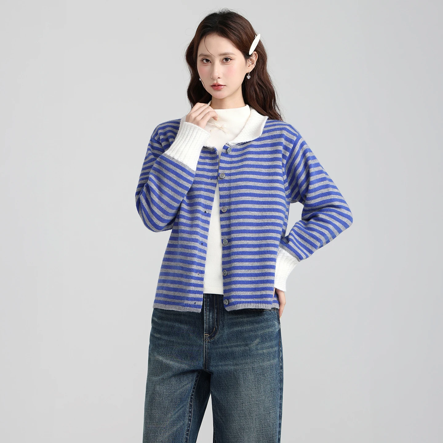 Color Blocking Striped Polo Collar Long Sleeved Knitted Cardigan for Women, Autumn Loose and Lazy Sweater Jacket