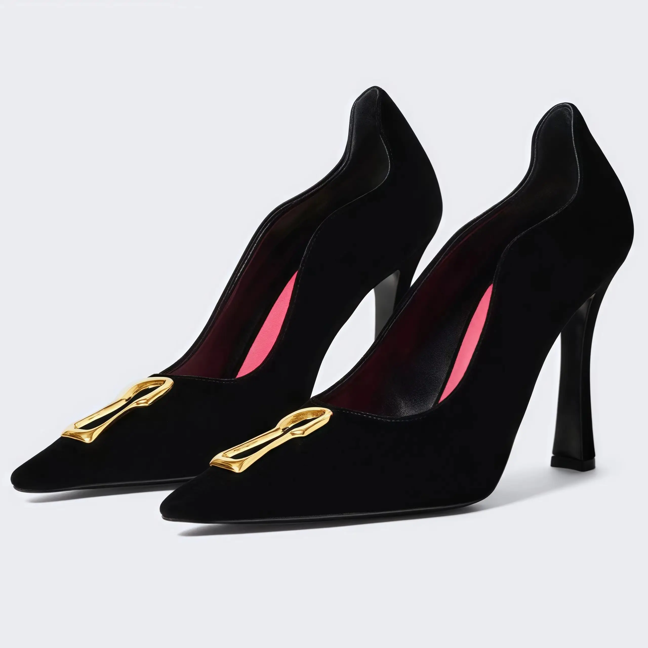 

Designer Style Black Flannel Pointed Toe Women's Shoes Luxury High Heels Metal Buckle Slip On Handmade Dress Pumps Sexy Wedding